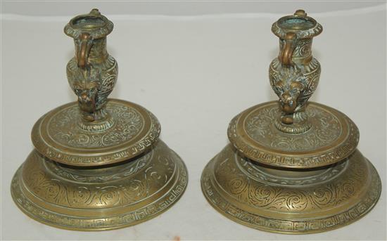 A pair of Italian Renaissance Venetian bronze candlesticks, 16th/17th century, 5.5in.